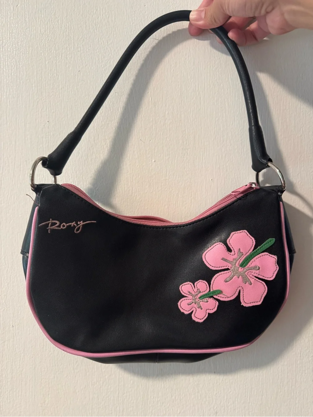 Y2K Roxy Black Shoulder Bag with Pink Floral Accent